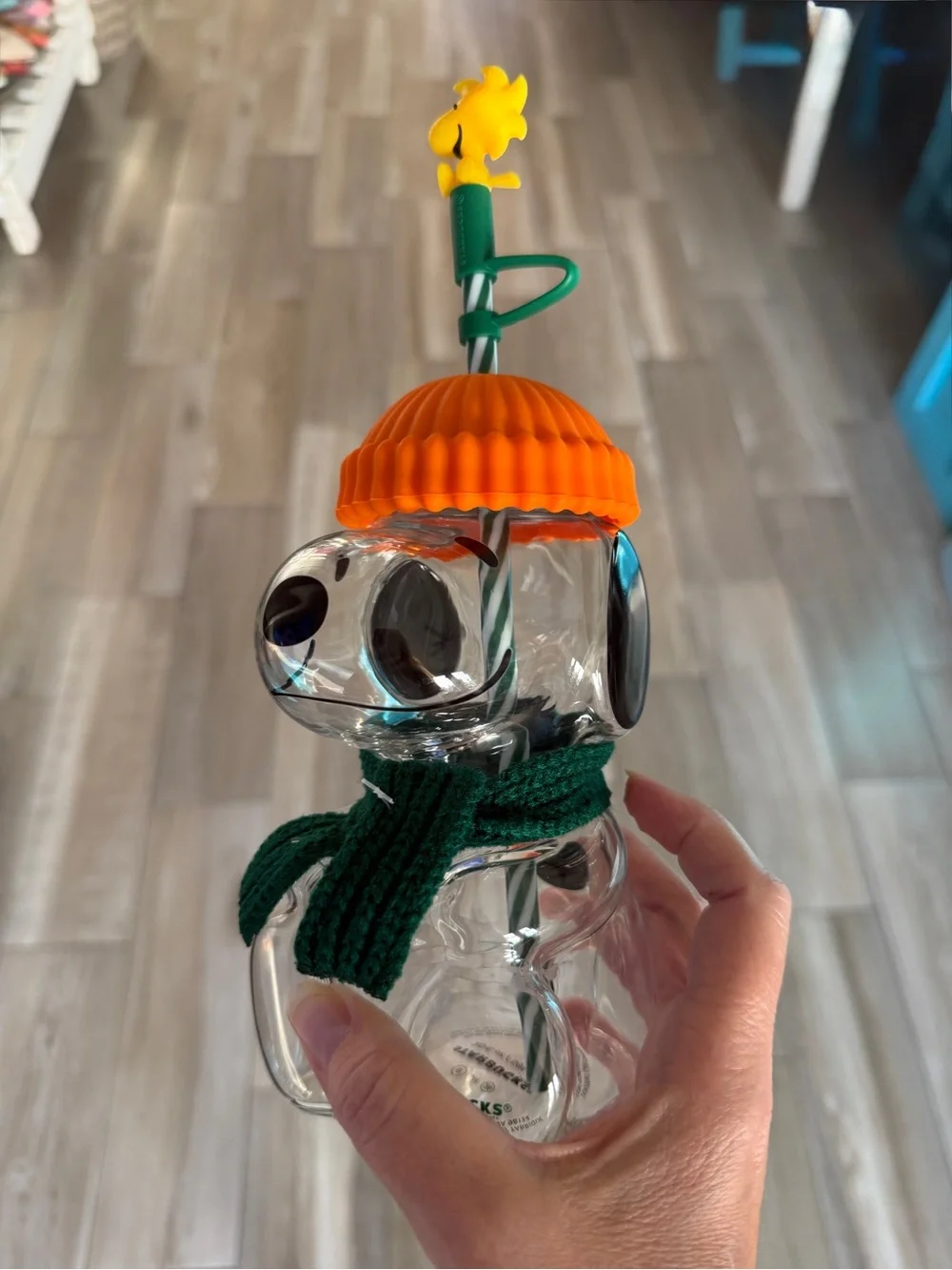 Starbucks Clear Snoopy Glass Mug with Orange Hat and Green Scarf